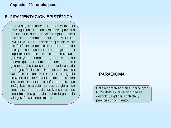 Aspectos Metodológicos FUNDAMENTACIÓN EPISTÉMICA La investigación referido a la Gerencia de la Investigación caso