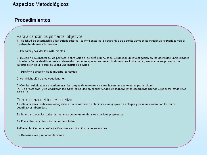 Aspectos Metodológicos Procedimientos Para alcanzar los primeros objetivos 1. - Solicitud de autorización a