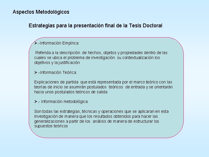 Aspectos Metodológicos Estrategias para la presentación final de la Tesis Doctoral Ø. -Información Empírica: