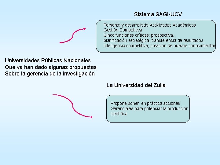 Sistema SAGI-UCV Fomenta y desarrollada Actividades Académicas Gestión Competitiva Cinco funciones críticas: prospectiva, planificación