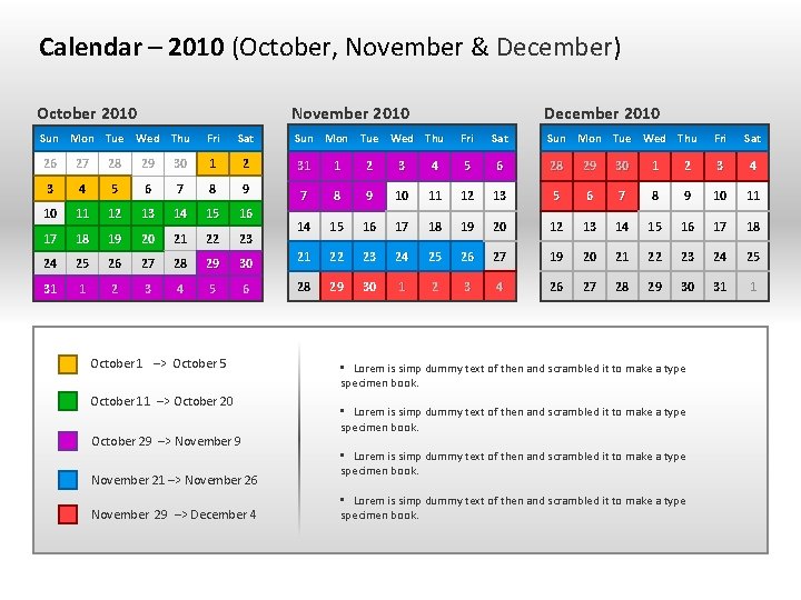 Calendar – 2010 (October, November & December) November 2010 October 2010 Sun Mon Tue
