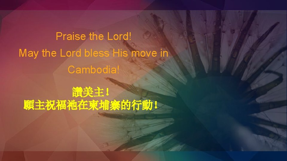 Praise the Lord! May the Lord bless His move in Cambodia! 讚美主！ 願主祝福祂在柬埔寨的行動！ 