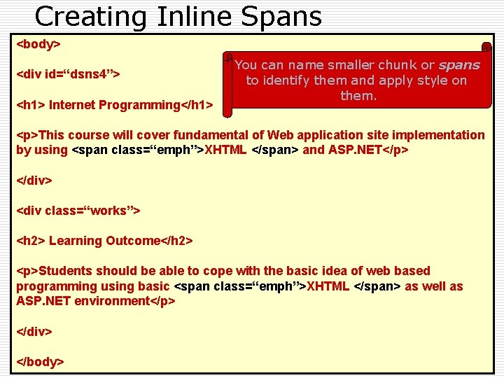 Creating Inline Spans <body> <div id=“dsns 4”> <h 1> Internet Programming</h 1> You can