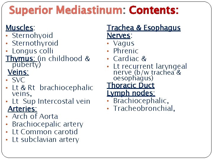 Superior Mediastinum: Contents: Muscles: • Sternohyoid • Sternothyroid • Longus colli Thymus: (in childhood