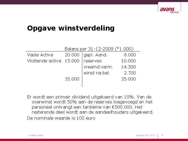 Opgave winstverdeling Balans per 31 -12 -2009 (*1. 000) Vaste Activa 20. 000 gepl.