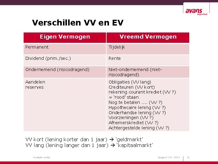 Verschillen VV en EV Eigen Vermogen Vreemd Vermogen Permanent Tijdelijk Dividend (prim. /sec. )