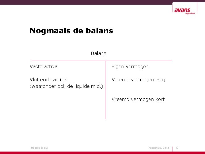 Nogmaals de balans Balans Vaste activa Eigen vermogen Vlottende activa (waaronder ook de liquide