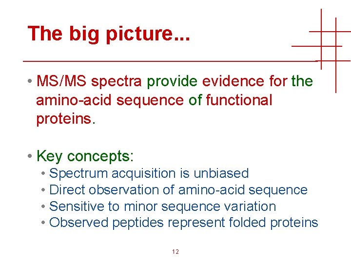 The big picture. . . • MS/MS spectra provide evidence for the amino-acid sequence