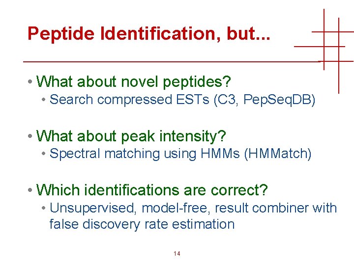 Peptide Identification, but. . . • What about novel peptides? • Search compressed ESTs