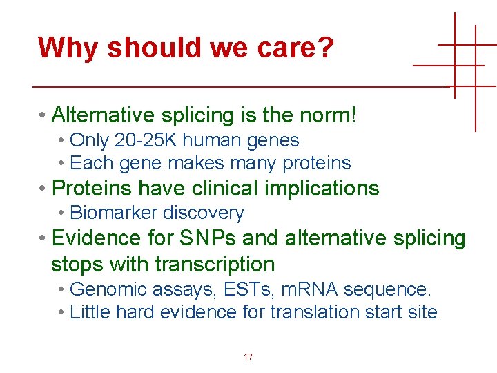 Why should we care? • Alternative splicing is the norm! • Only 20 -25