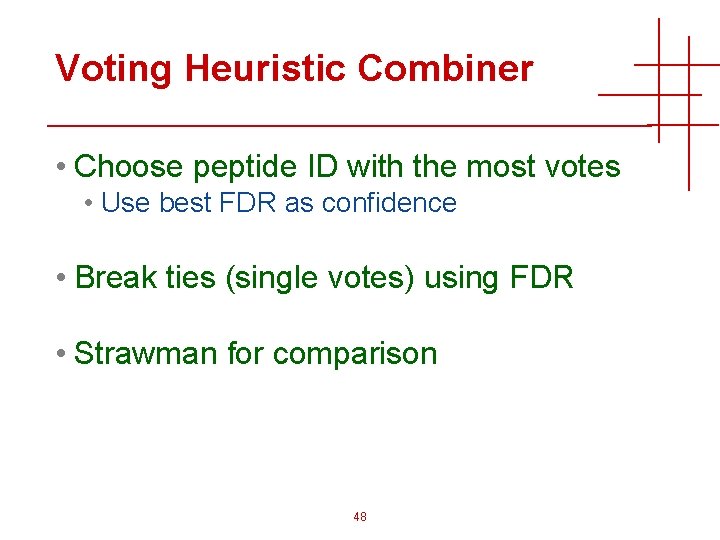 Voting Heuristic Combiner • Choose peptide ID with the most votes • Use best