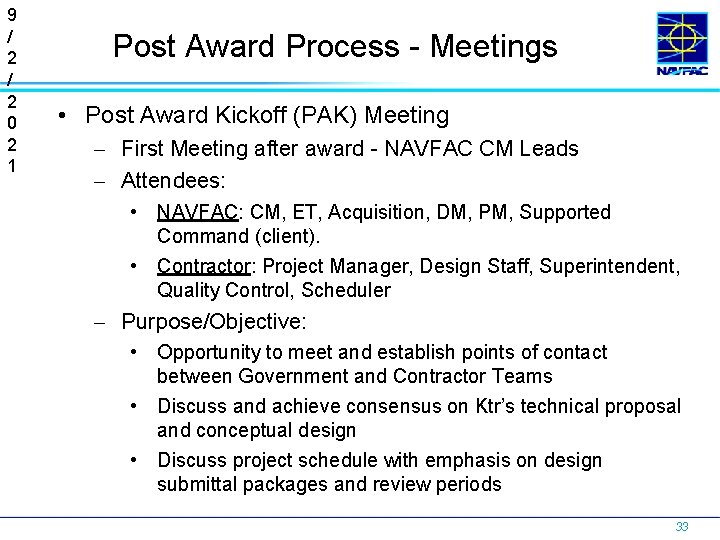 9 / 2 0 2 1 Post Award Process - Meetings • Post Award