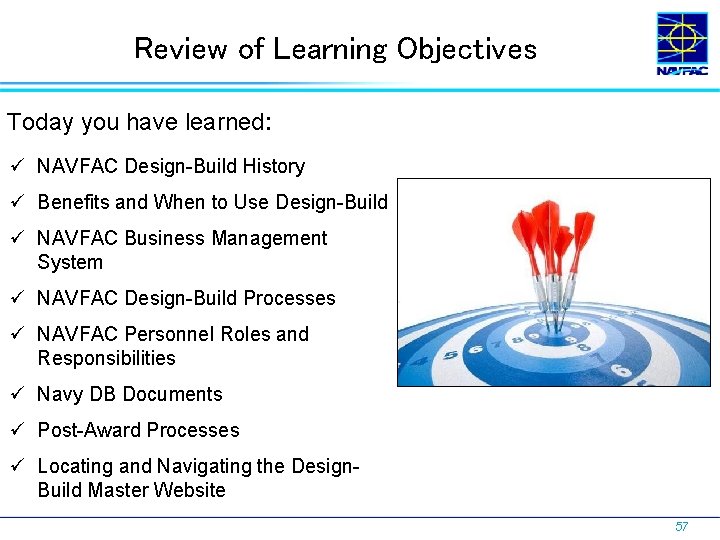 Review of Learning Objectives Today you have learned: ü NAVFAC Design-Build History ü Benefits