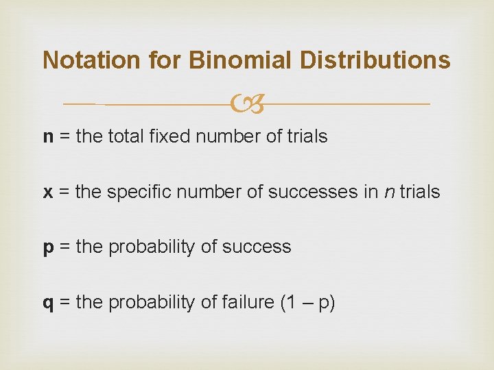 Notation for Binomial Distributions n = the total fixed number of trials x =