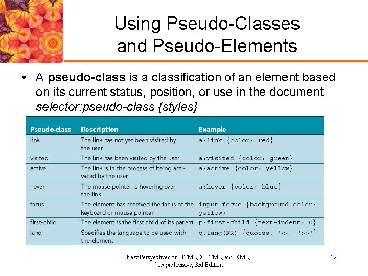 Using Pseudo-Classes and Pseudo-Elements • A pseudo-class is a classification of an element based