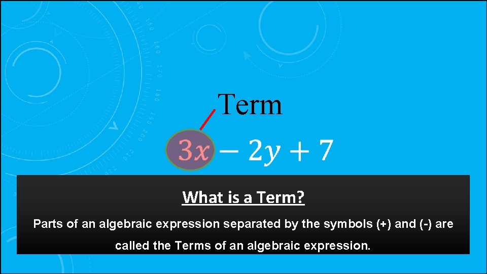 Term What is a Term? Parts of an algebraic expression separated by the symbols