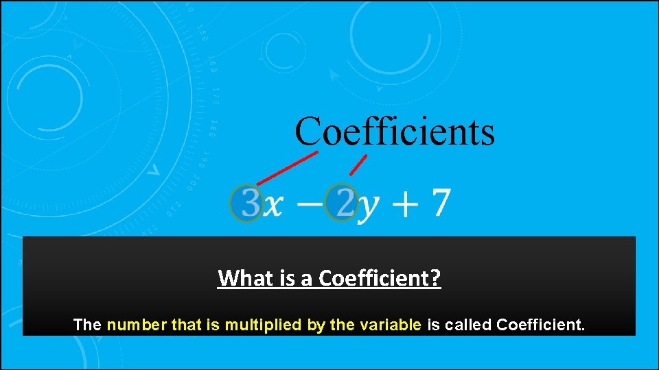 Coefficients What is a Coefficient? The number that is multiplied by the variable is
