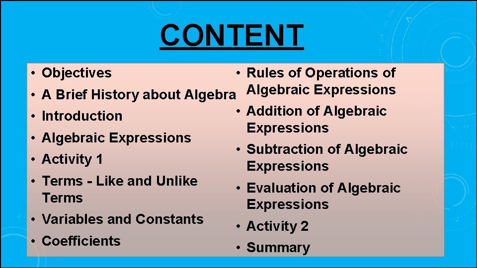 CONTENT • Rules of Operations of • A Brief History about Algebraic Expressions •