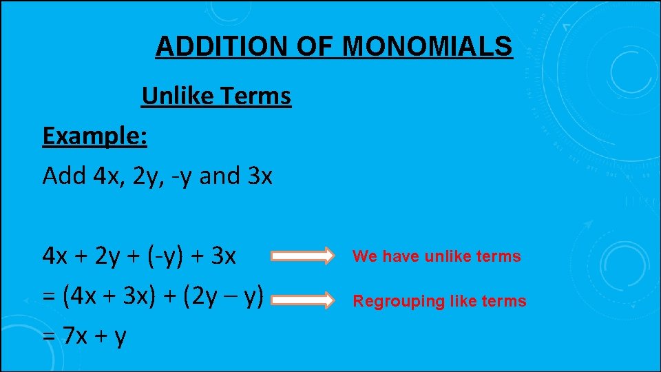 ADDITION OF MONOMIALS Unlike Terms Example: Add 4 x, 2 y, -y and 3