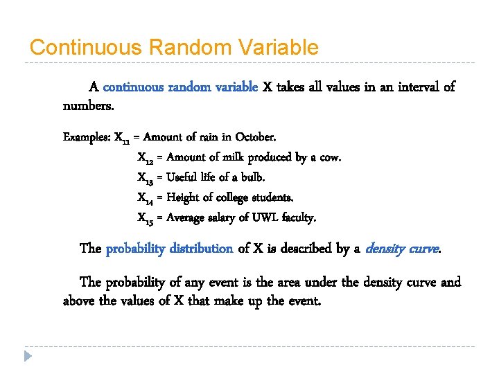 Continuous Random Variable A continuous random variable X takes all values in an interval