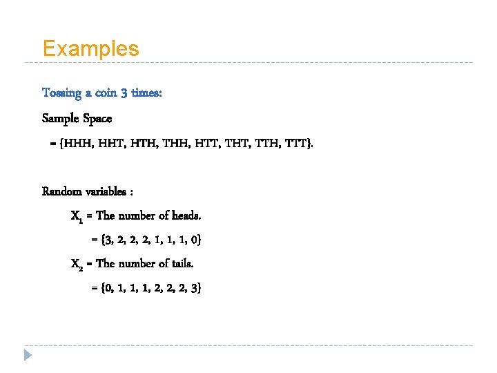 Examples Tossing a coin 3 times: Sample Space = {HHH, HHT, HTH, THH, HTT,