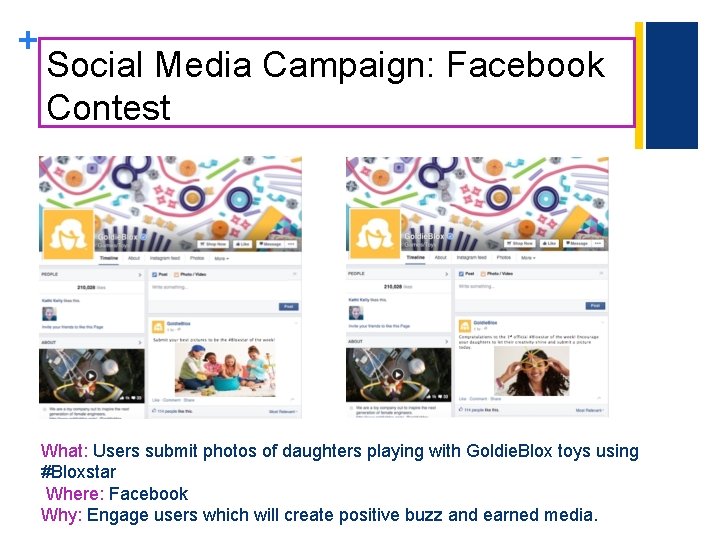 + Social Media Campaign: Facebook Contest What: Users submit photos of daughters playing with