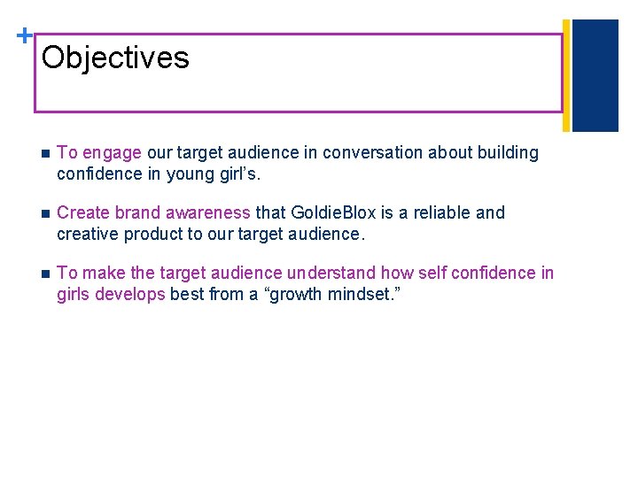+ Objectives n To engage our target audience in conversation about building confidence in