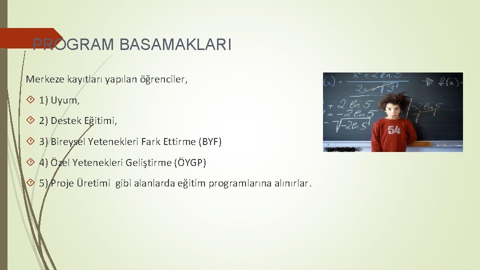 PROGRAM BASAMAKLARI Merkeze kayıtları yapılan öğrenciler, 1) Uyum, 2) Destek Eğitimi, 3) Bireysel Yetenekleri