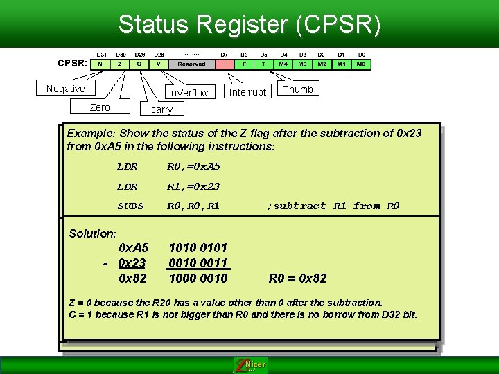 Status Register (CPSR) CPSR: Negative o. Verflow Zero Interrupt Thumb carry Example: Showthe thestatusof