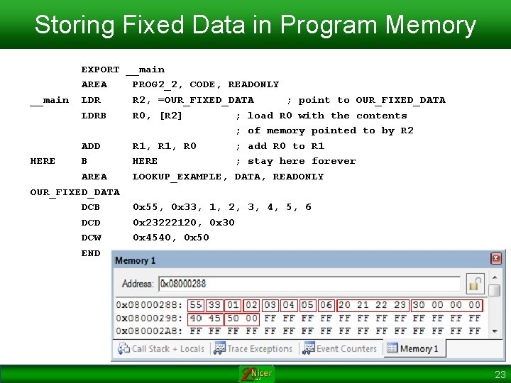 Storing Fixed Data in Program Memory EXPORT __main AREA PROG 2_2, CODE, READONLY __main