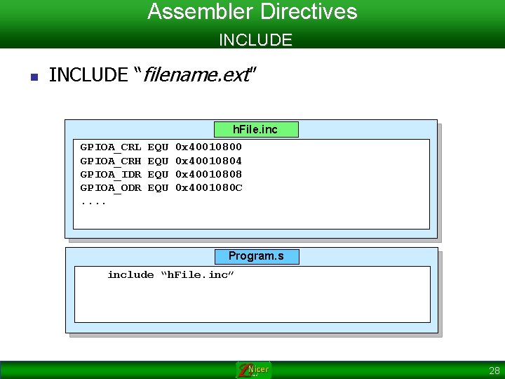 Assembler Directives INCLUDE n INCLUDE “filename. ext” h. File. inc GPIOA_CRL GPIOA_CRH GPIOA_IDR GPIOA_ODR.