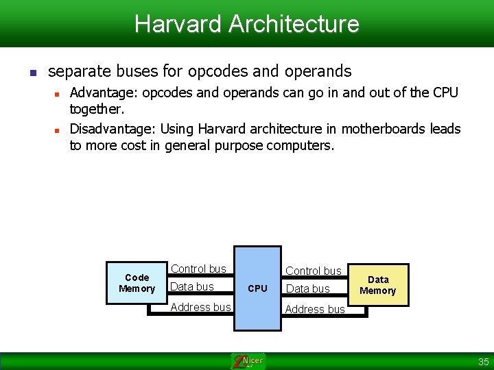 Harvard Architecture n separate buses for opcodes and operands n n Advantage: opcodes and