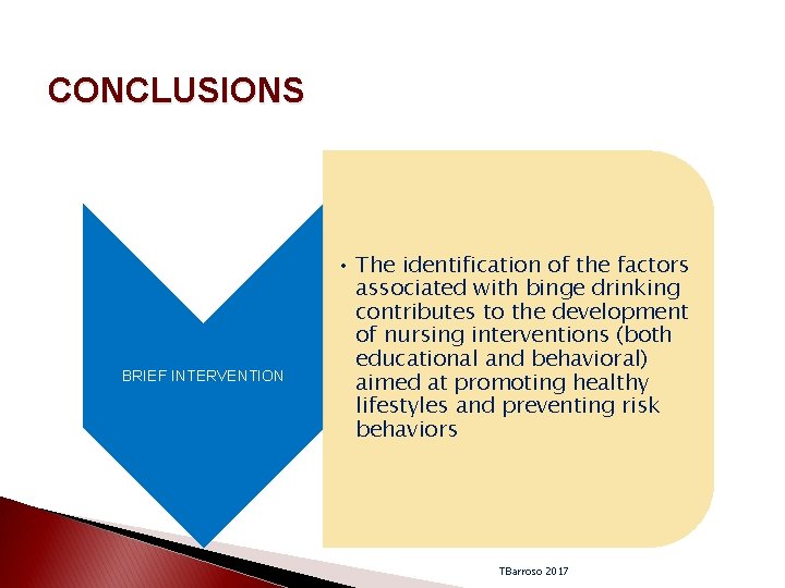 CONCLUSIONS BRIEF INTERVENTION • The identification of the factors associated with binge drinking contributes