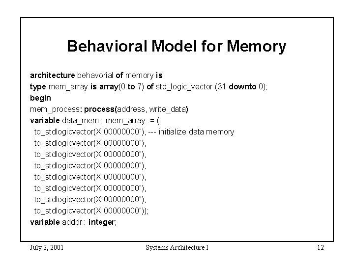 Behavioral Model for Memory architecture behavorial of memory is type mem_array is array(0 to