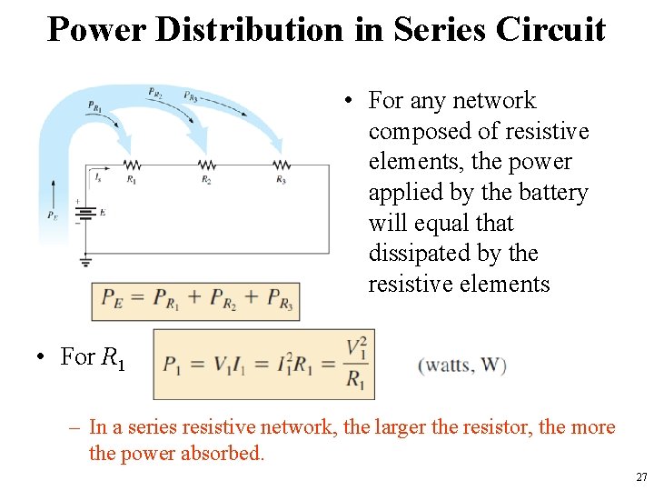 Power Distribution in Series Circuit • For any network composed of resistive elements, the