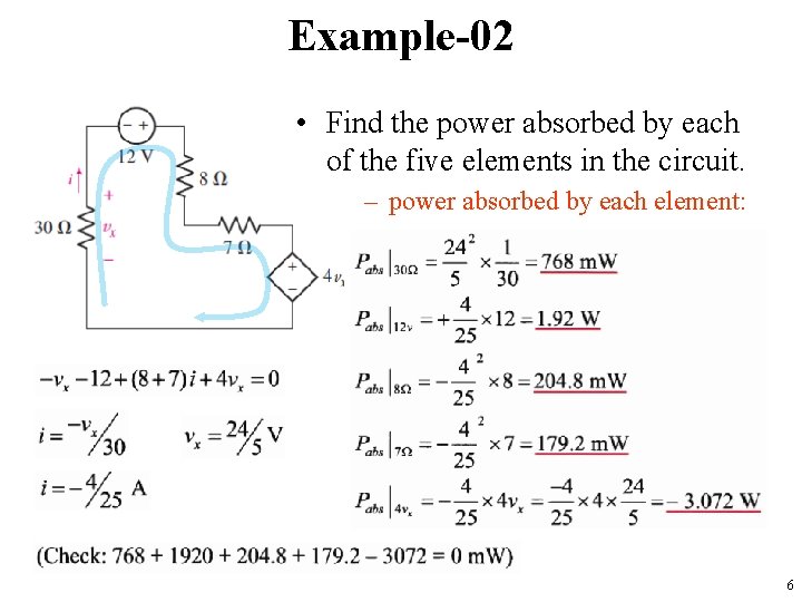 Example-02 • Find the power absorbed by each of the five elements in the