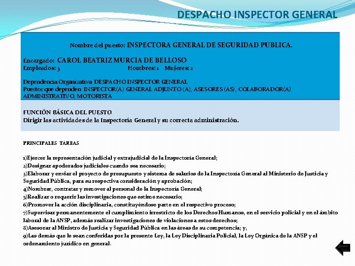 DESPACHO INSPECTOR GENERAL Nombre del puesto: INSPECTORA GENERAL DE SEGURIDAD PUBLICA. Encargado: CAROL BEATRIZ