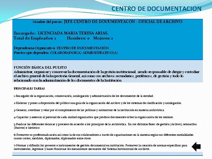 CENTRO DE DOCUMENTACION Nombre del puesto: JEFE CENTRO DE DOCUMENTACON - OFICIAL DE ARCHIVO