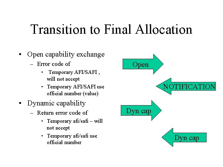 Transition to Final Allocation • Open capability exchange – Error code of Open •