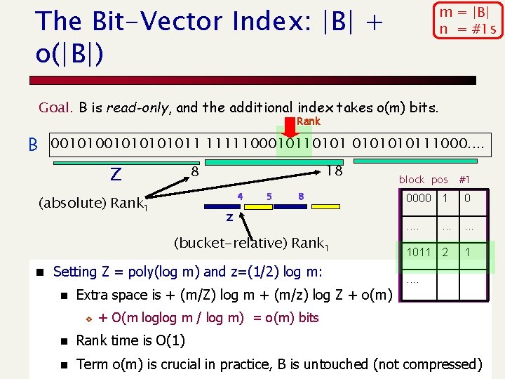 The Bit-Vector Index: |B| + o(|B|) m = |B| n = #1 s Goal.