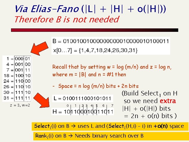 Via Elias-Fano (|L| + |H| + o(|H|)) Therefore B is not needed Recall that