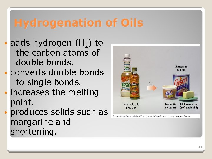 Hydrogenation of Oils adds hydrogen (H 2) to the carbon atoms of double bonds.