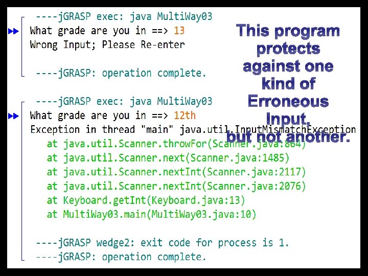 This program protects against one kind of Erroneous Input, but not another. 