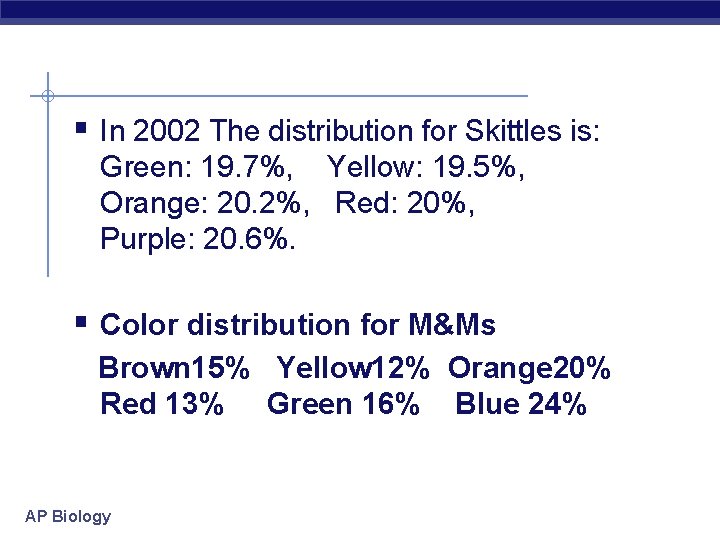 § In 2002 The distribution for Skittles is: Green: 19. 7%, Yellow: 19. 5%,