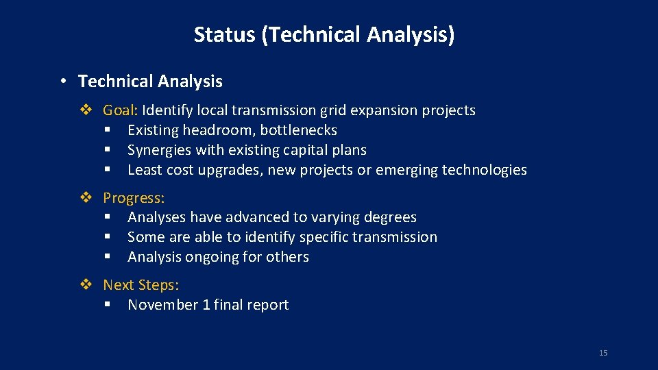 Status (Technical Analysis) • Technical Analysis v Goal: Identify local transmission grid expansion projects