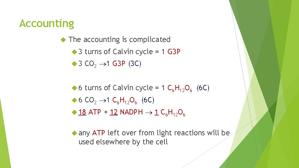 Accounting The accounting is complicated 3 turns of Calvin cycle = 1 G 3