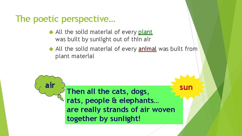 The poetic perspective… All the solid material of every plant was built by sunlight