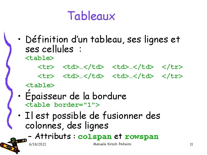 Tableaux • Définition d’un tableau, ses lignes et ses cellules : <table> <tr> <table>