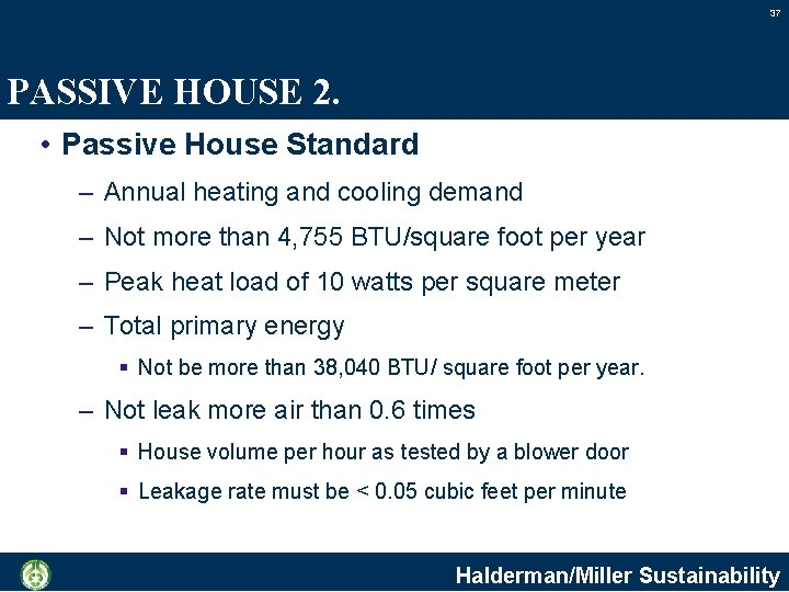 37 PASSIVE HOUSE 2. • Passive House Standard – Annual heating and cooling demand