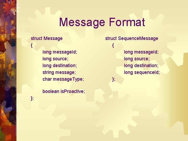 Message Format struct Message { long message. Id; long source; long destination; string message;
